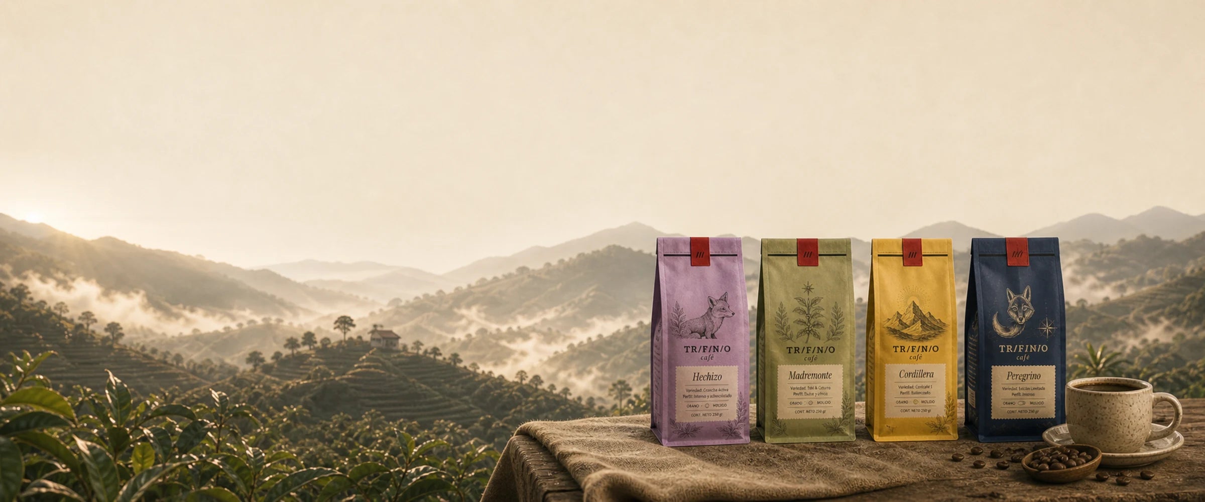 Cafés Trifinio frente a un cafetal colombiano