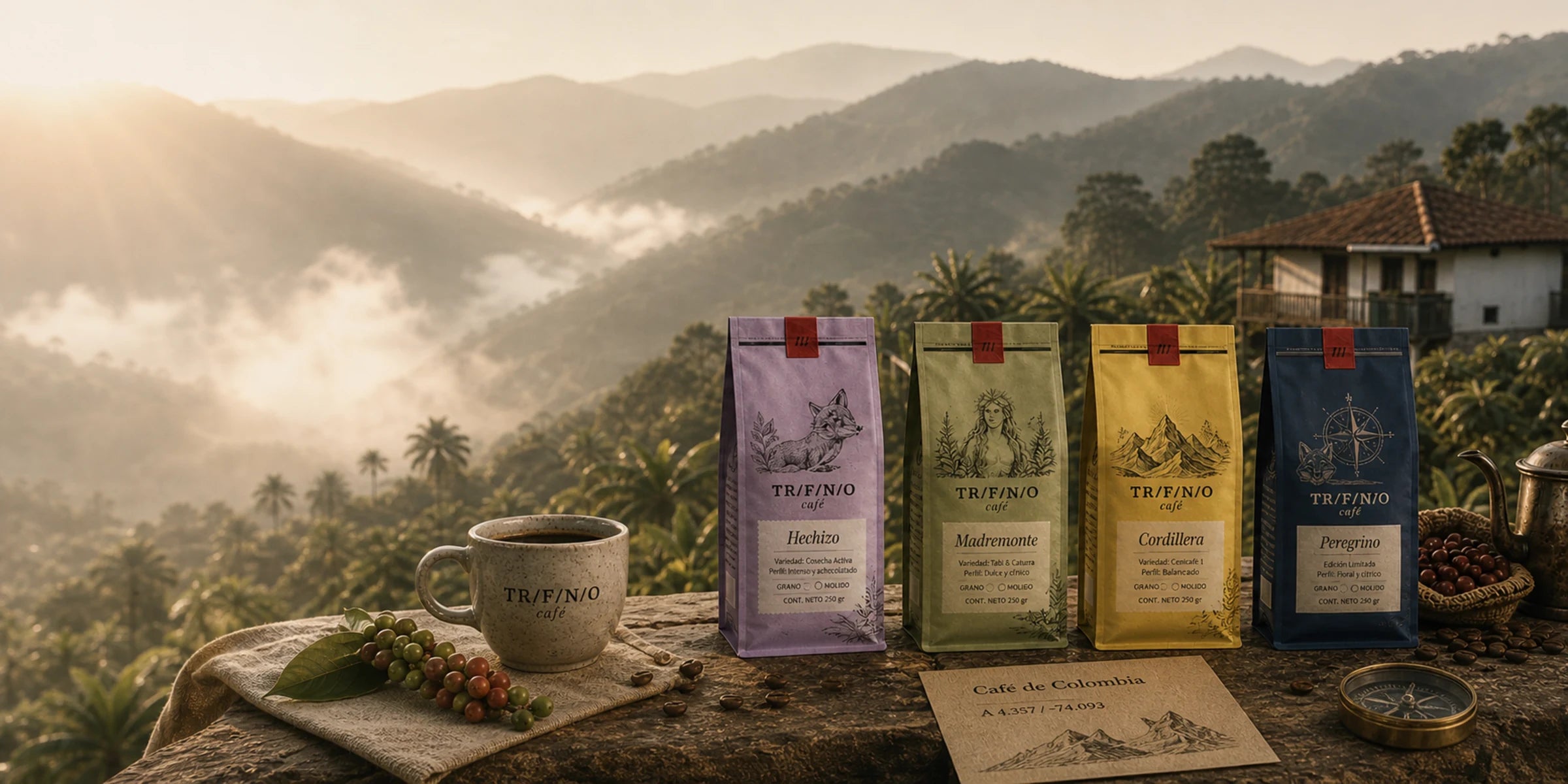 Cafés Trifinio frente a un paisaje cafetero colombiano