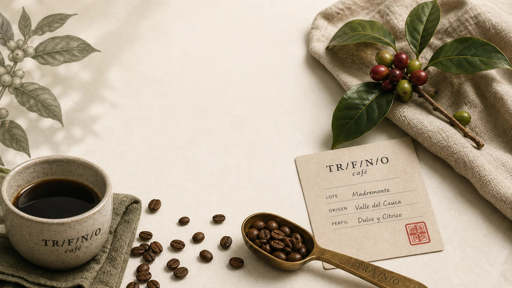 Naturaleza muerta de café Trifinio con cerezas, taza y cuchara