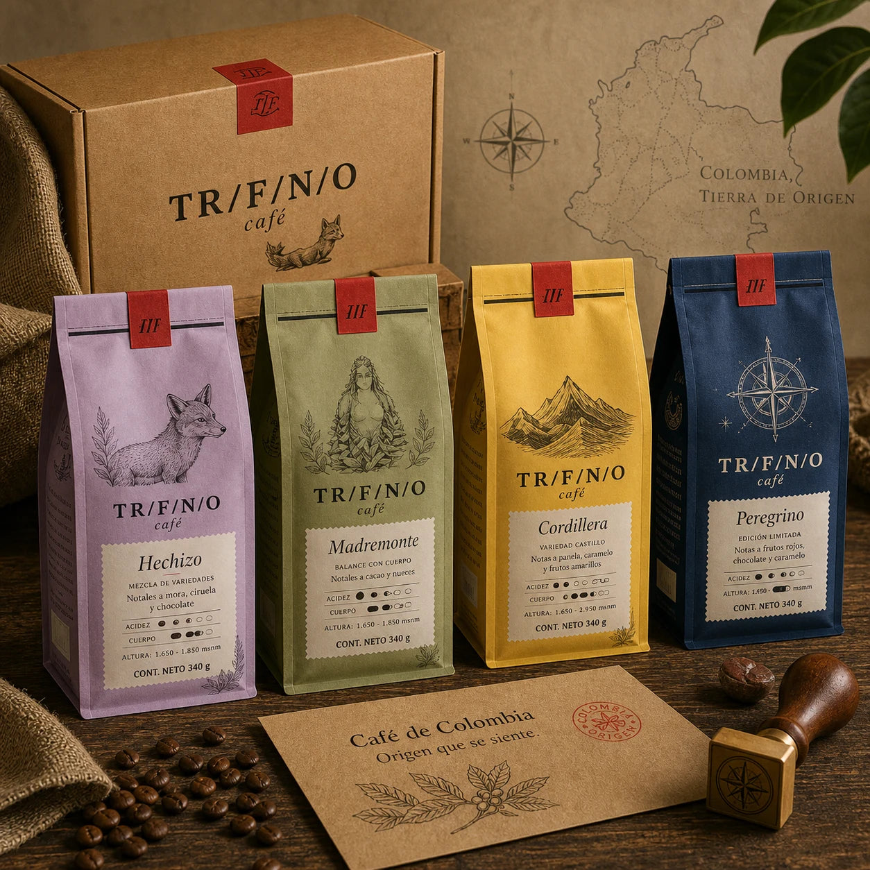 Cuatro cafés Trifinio con caja de envío y mapa de Colombia