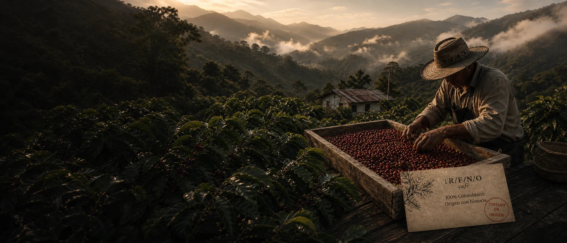 Caficultor colombiano seleccionando cerezas de café