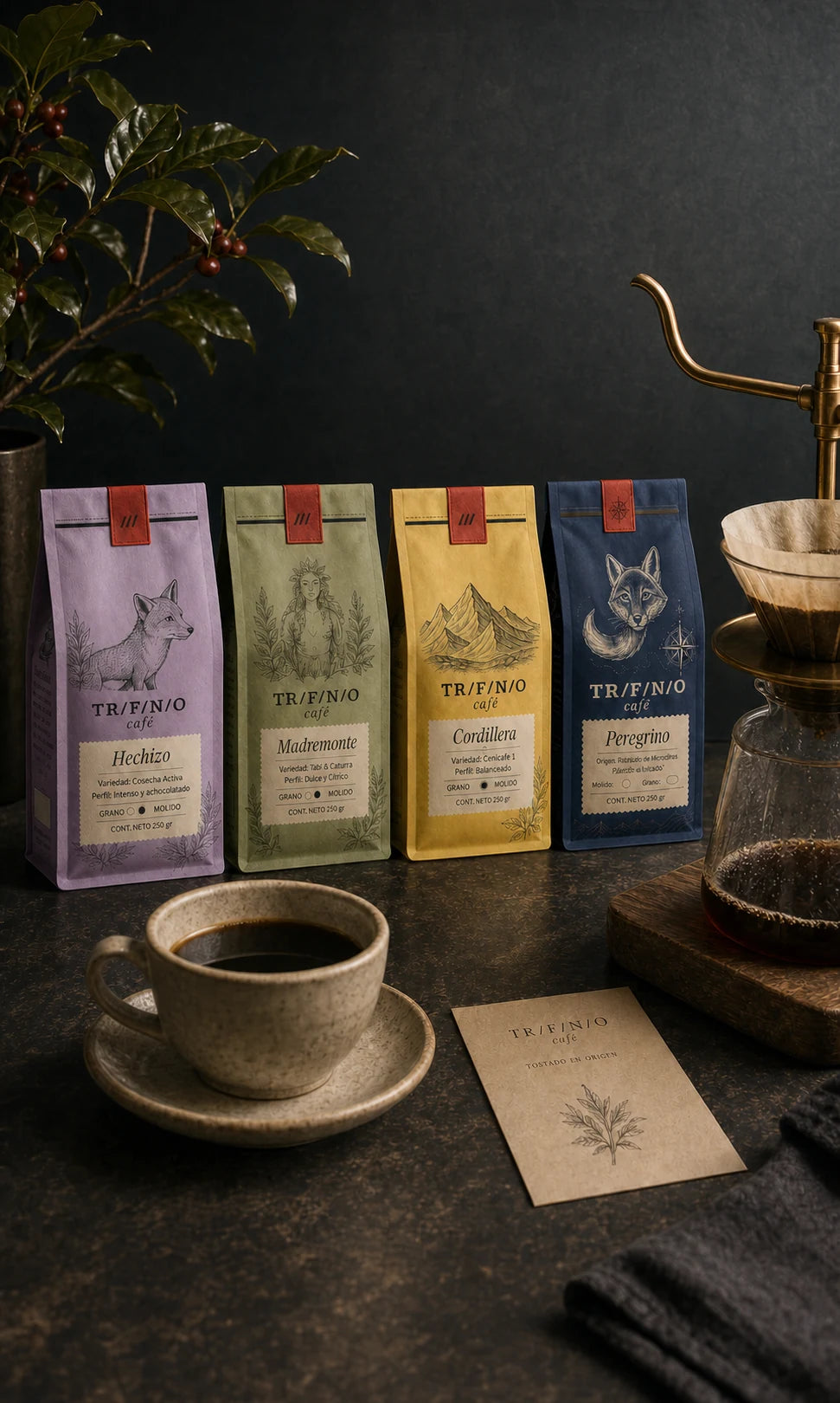 Cuatro cafés Trifinio junto a una preparación filtrada